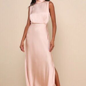 Classic Elegance Blush Satin Sleeveless Mock Neck Maxi Dress